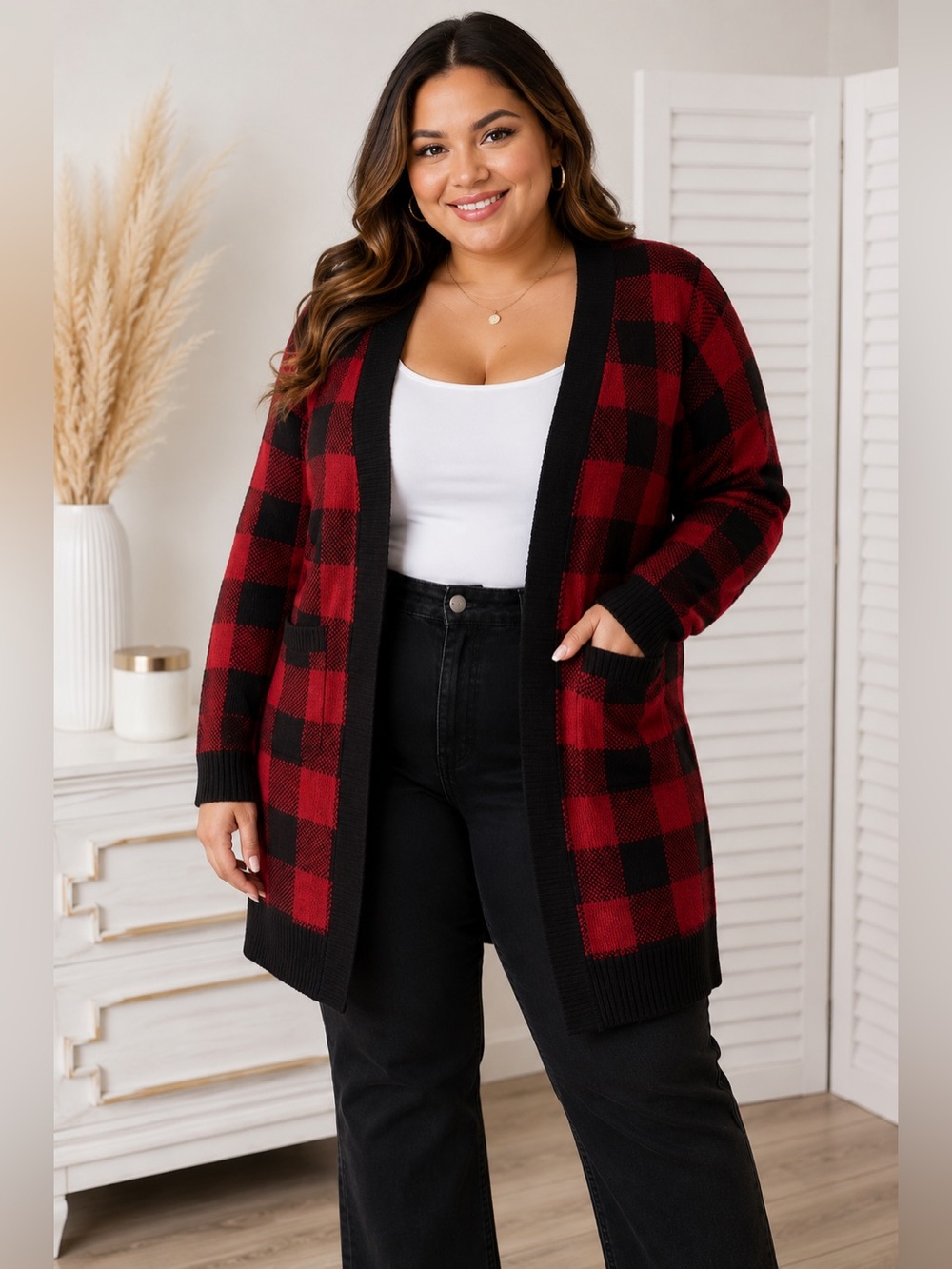🩷. 49. 🟰. Plus Size Buffalo Plaid Cardigan – Cozy Red & Black Open Front Sweat
